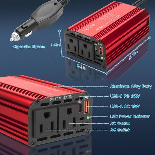 cigarette lighter dc to ac inverter Lukyamzn 400-Watt Car Power Inverter with 2-AC Outlets, 65W USB-C and 18W USB-A Ports, DC 12V to 110V AC Converter for Vehicles