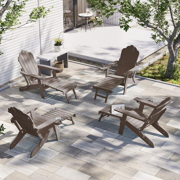 JOYESERY Brown Folding Adirondack Chair with Retractable Ottoman, HIPS Adirondack Chair with Cup Holder (Set of 4)