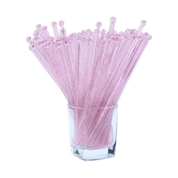 Pink Clear Disposable Plastic Swizzle Drink Stirrers Cocktail Cake Sticks Round Top 7.24 in. (100 Per Case)