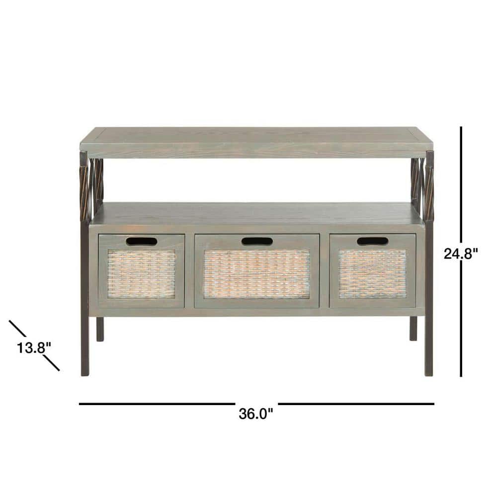 Transitional Gray 3-Drawer Console Table with Wicker Accents