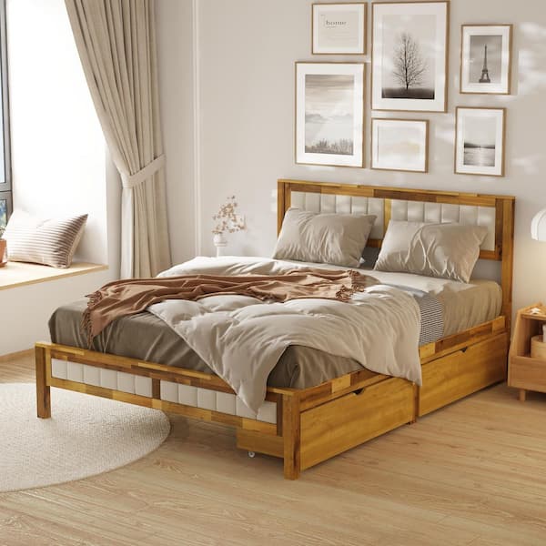 Brown Acacia Wood Frame Queen Panel Bed with Underbed Storage Drawers
