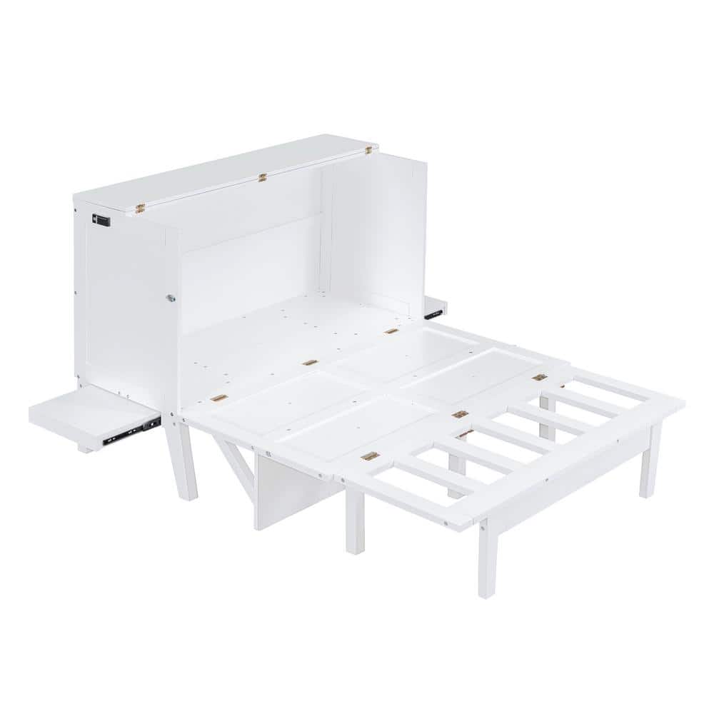 Gray Wood Frame Queen Size Murphy Bed with Built-in Charging Station, Removable Bedside Shelves, Chest with Desktop - thumbnail 5