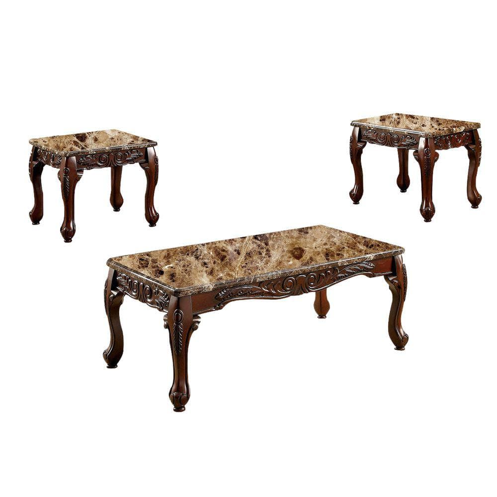 Benjara 3Piece 48 in. Brown Large Rectangle Marble Coffee Table Set