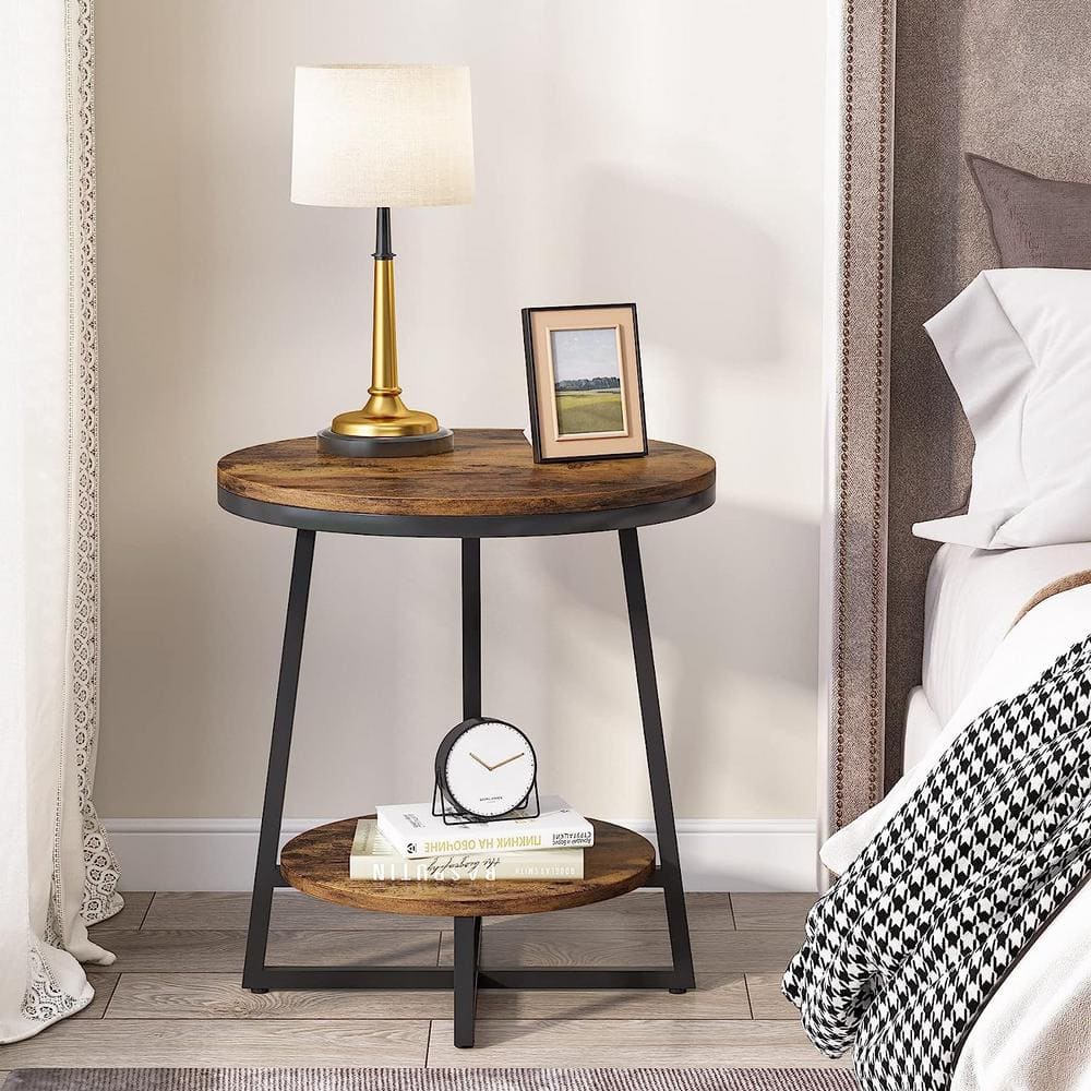 Kerlin 20 in. Rustic Brown Round Wood End Table with 2 Tier Storage Shelf Side Table, Nightstand Bedside Table - thumbnail 10