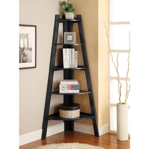 Blaisia 63.25 in. Black Wood 5-Shelf Accent Corner Bookcase