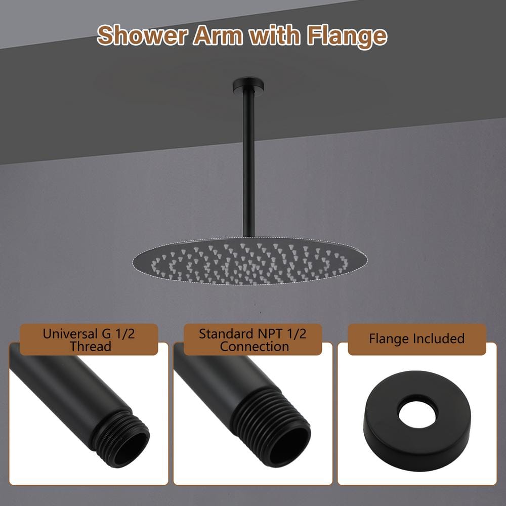 Matte Black 12-Inch Stainless Steel Ceiling Shower Arm