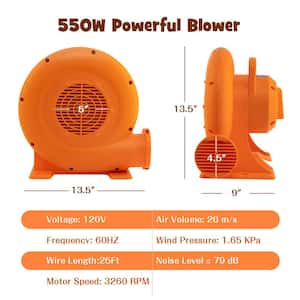 550-Watt 0.7 HP Air Blower for Inflatables w/25 ft. Wire and GFCI Plug for Indoor Outdoor Bounce House