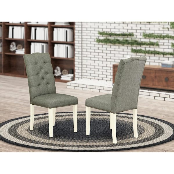 East West Furniture Linen White, Parson Dining Room Chairs - Button Tufted Nailhead Trim Gray Linen Fabric Padded Chairs, Set Of 2
