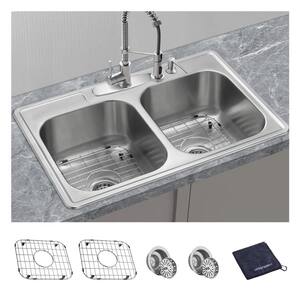 18-Gauge Stainless Steel 33 in. Double Bowl Drop-In Kitchen Sink with Bottom Grid