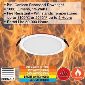 8 in. Fire Rated Canless Integrated LED Recessed Light Trim Downlight 1600-Lumens Adjustable CCT Dimmable (12-Pack)