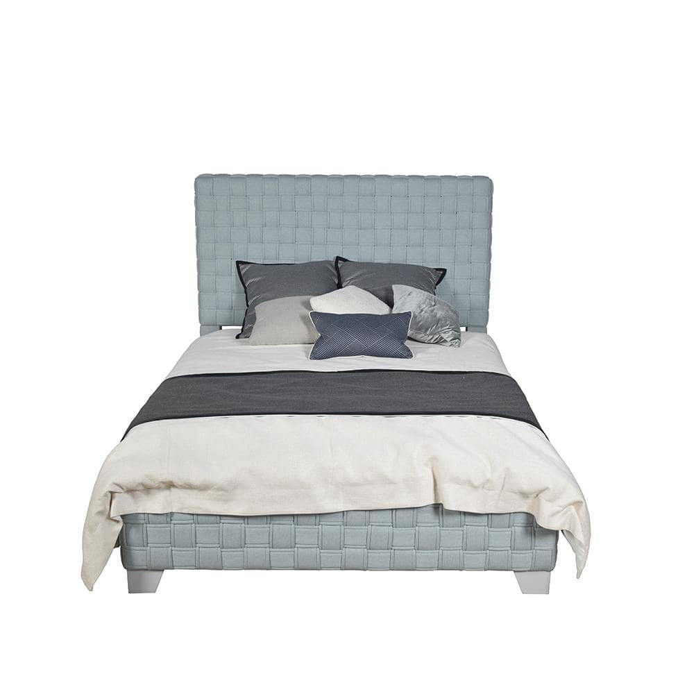 Light Teal Chenille Upholstered Queen Bed with Tufted Headboard and Drawers