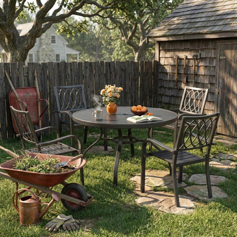 5-Piece Outdoor Dining Set, Round Wood-Grain Table with Umbrella Hole and 4 Folding Metal Chairs, 350 lbs Capacity price history on PriceWatchPro