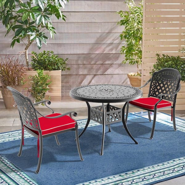 Willit Isabella Black 3-Piece Cast Aluminum Outdoor Dining Set with Round Table and Dining Chairs with Random Color Cushion