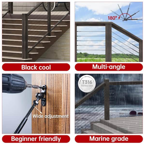 Angel Sar - 20-Pair Black Cable Railing Kit with 1/8 in. Swage Toggle Turnbuckles, T316 SS, WoodEasy System, 180° Adjustable