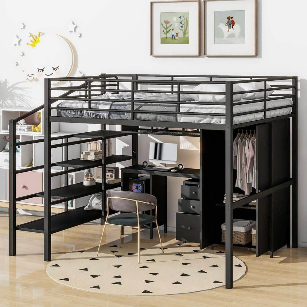 Harper & Bright Designs Black Metal Frame Full Size Loft Bed with Shelves,  Table Set, Storage Staircase, Wardrobe WMSL004AAB - The Home Depot