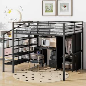 Black Metal Frame Full Size Loft Bed with Shelves, Table Set, Storage Staircase, Wardrobe