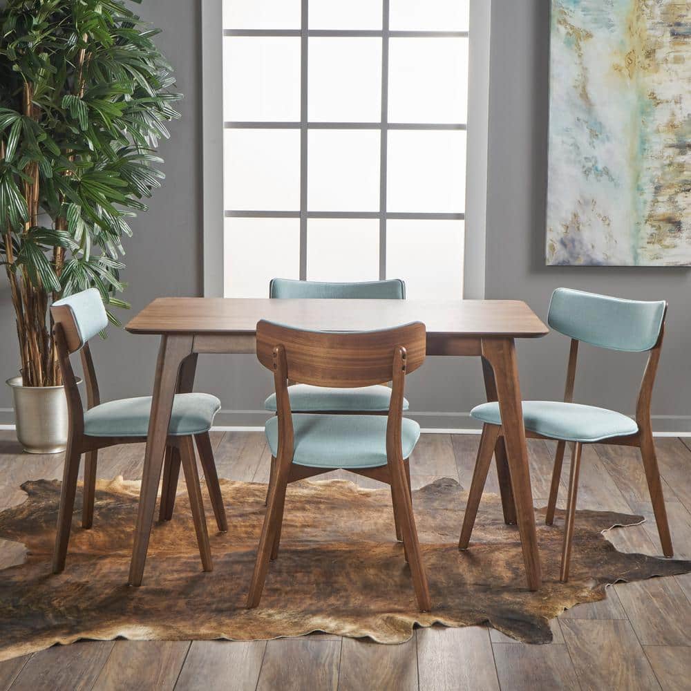5-Piece Natural Walnut Mid-Century Dining Set with Mint Chairs