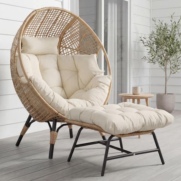PE Wicker Indoor/Outdoor Lounge Egg Chair with Beige Cushion and Ottoman for Patio Porch Balcony