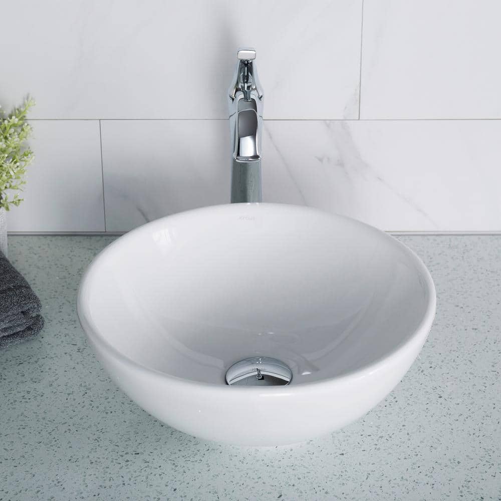 Elavo White Ceramic Round Vessel Bathroom Sink, 13 3/4 in