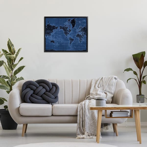 Blue Toned World Map by Phillipa Katz Black Framed Abstract Giclee Art Print 24 in. x 30 in.