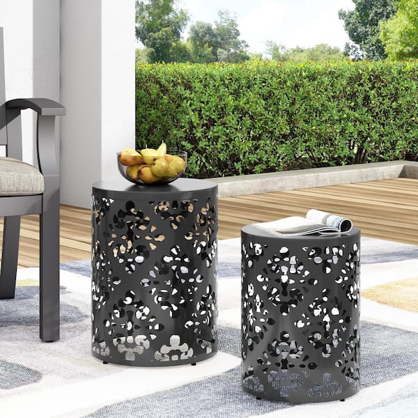 Black Iron Outdoor Side Table with Floral Pattern, No Assembly Required, Set of 2