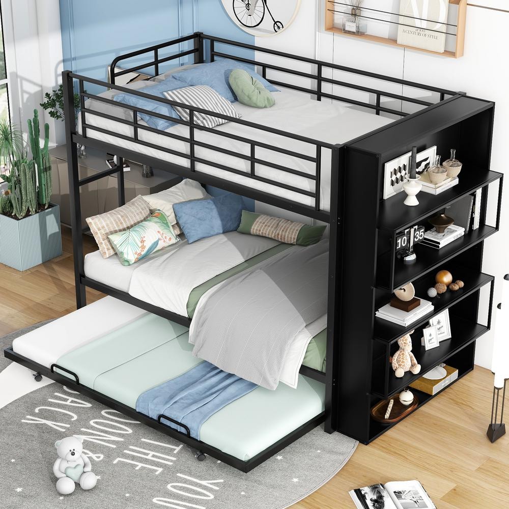 Harper & Bright Designs Black Twin over Twin Metal Bunk Bed with Twin ...