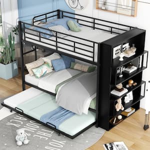 Black Twin over Twin Metal Bunk Bed with Twin Size Trundle, Built-in Bookshelf