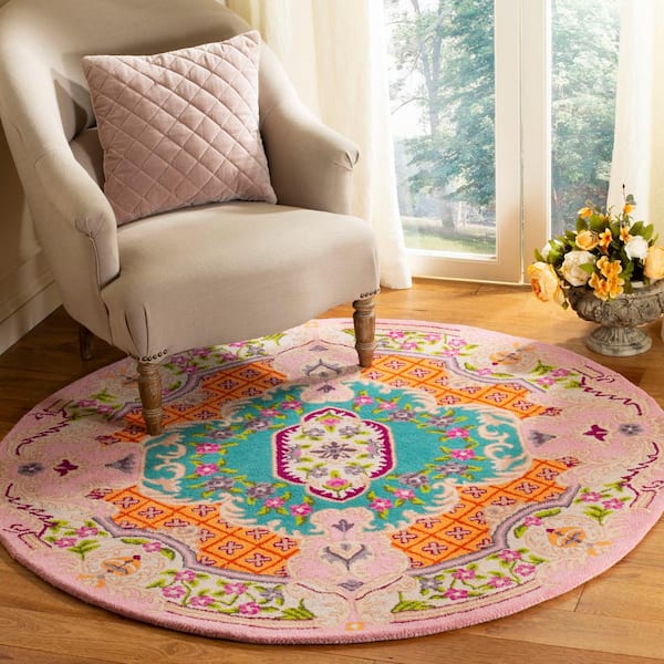 Bellagio Blue/Pink Doormat 3 ft. x 3 ft. Floral Border Round Area Rug