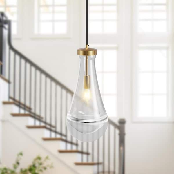 1-Light Modern Gold Chandelier, Pendant Light Kitchen Island with Raindrop Glass Shade for Stairs Living Room Foyer