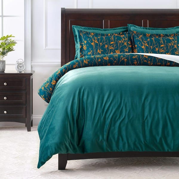Chanasya 5-Piece Teal Yellow Bramble Leaves Foliage Print Reversible Microfiber Duvet Cover Set, King