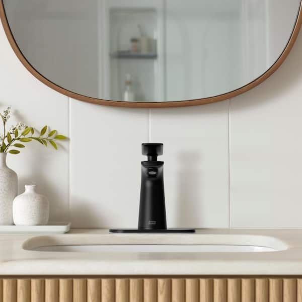 Aspirations Single Handle Single Hole Deck Mount Bathroom Faucet with Drain in Matte Black