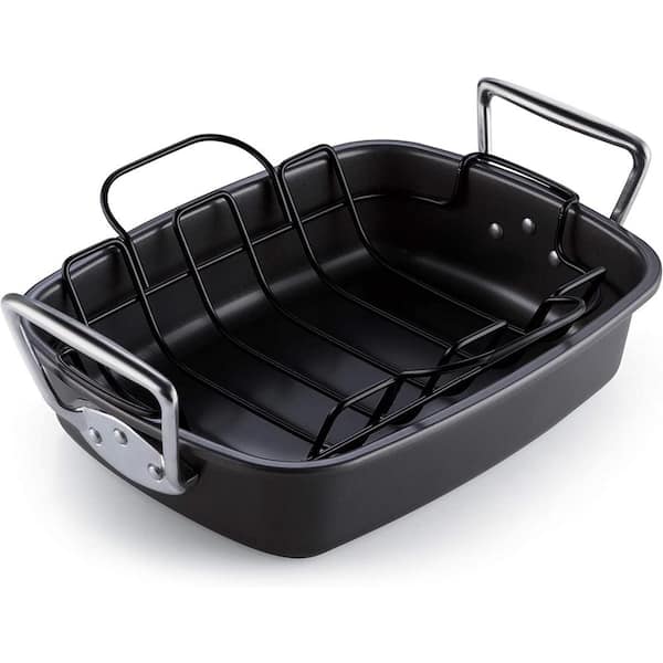 Cook N Home 17 in. x 13 in. 12 qt. Black Aluminum Nonstick Roasting Pans with Rack