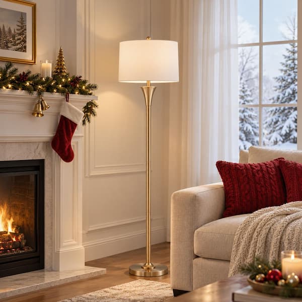 66 in. Champagne Gold Metal Standard Floor Lamp with White Linen Shade and On/Off Rotary Switch