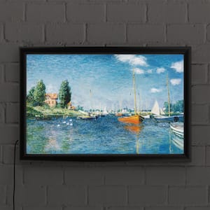 "Red Boats at Argenteuil" by Claude Monet Framed with LED Light Landscape Wall Art 16 in. x 24 in.
