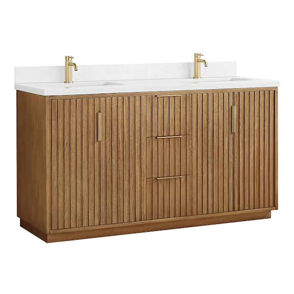 Bangkok 60 in.W x 22 in.D x 33.8 in.H Double Sink Bath Vanity in Mango Wood Light Brown with White Engineered Stone Top