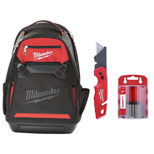 Milwaukee Jobsite Backpack with FASTBACK Folding Utility Knives with Blade Storage and General Purpose Utility Blade Set (50-Pack)