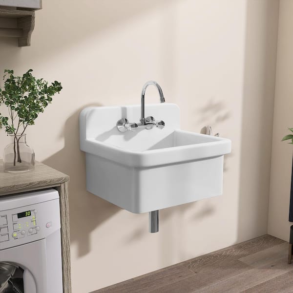10 Gal. 24 in. W x 20 in. D Wall Mount/Freestanding Ceramic Laundry/Utility Sink in White w/ 2-Hole Faucet Bathroom Sink