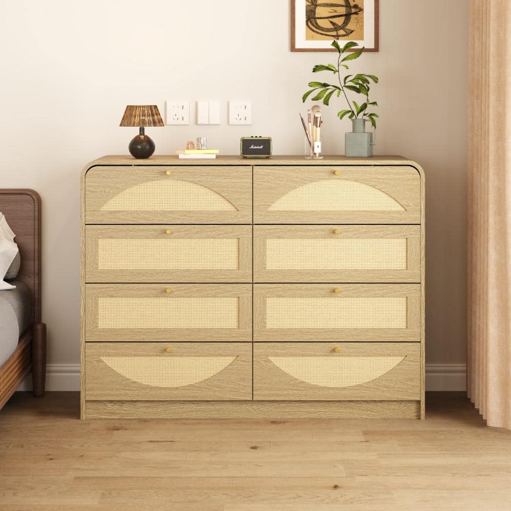 Rattan Wood Finish 8-Drawer 47.2 in. x 15.5 in. x 35.6 in. Dresser, Natural Chest of Drawers for Bedroom, Living Room