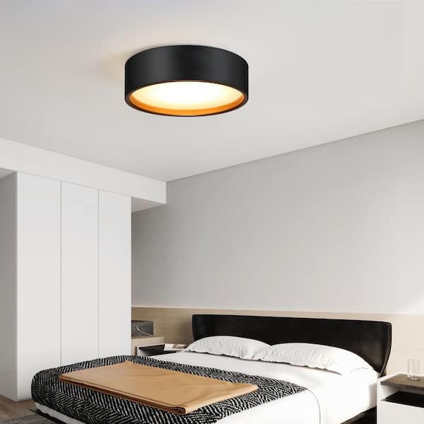 14 in. LED 24-Watt Modern Black Integrated LED Flush Mount with White Acrylic Shade