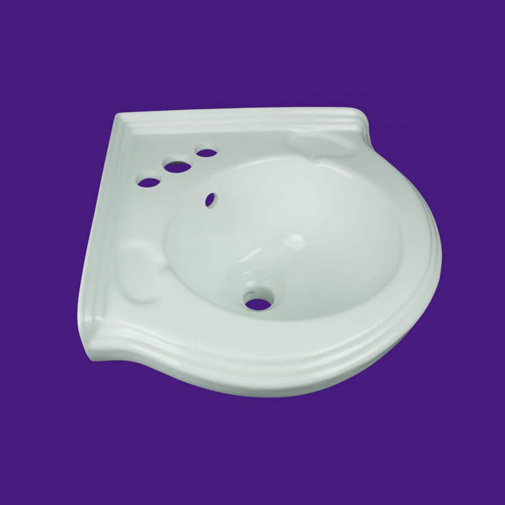 White Ceramic Corner Wall-Mount Vessel Sink with Overflow