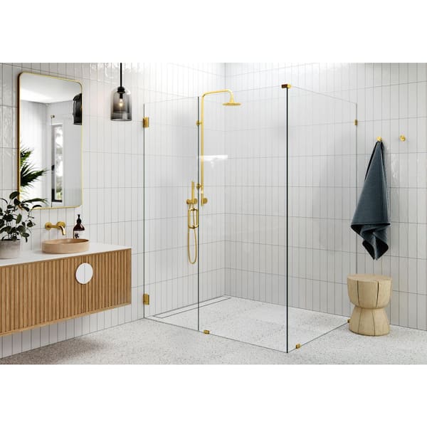 Glass Warehouse 59 in. W x 48.5 in. D x 78 in. H Pivot Frameless Corner Shower Enclosure in Satin Brass Finish with Clear Glass