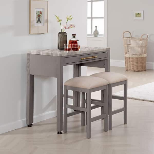 Helly 3-Piece Rectangular Gray, White and Beige Faux Marble Counter Height Dining Set Seats 2