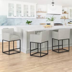 Luna 26 in. Gray Fabric Upholstered Counter Bar Stool with Black Metal Frame Square Counter Stool Set of 3