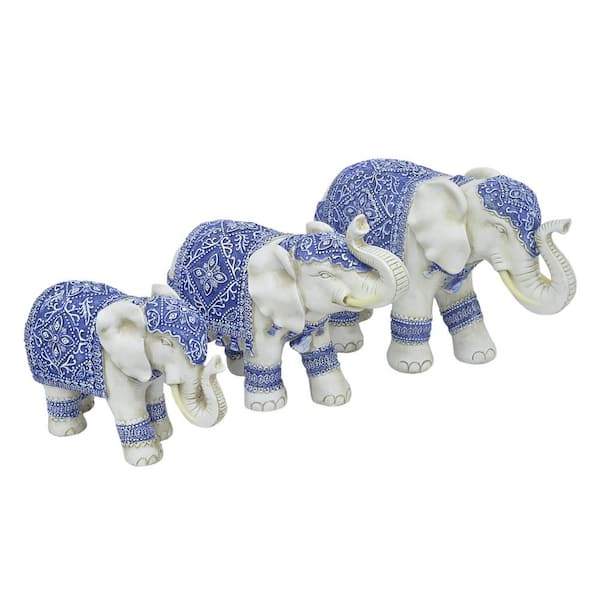 THREE HANDS Blue and White Resin Elephant (Set of 3)