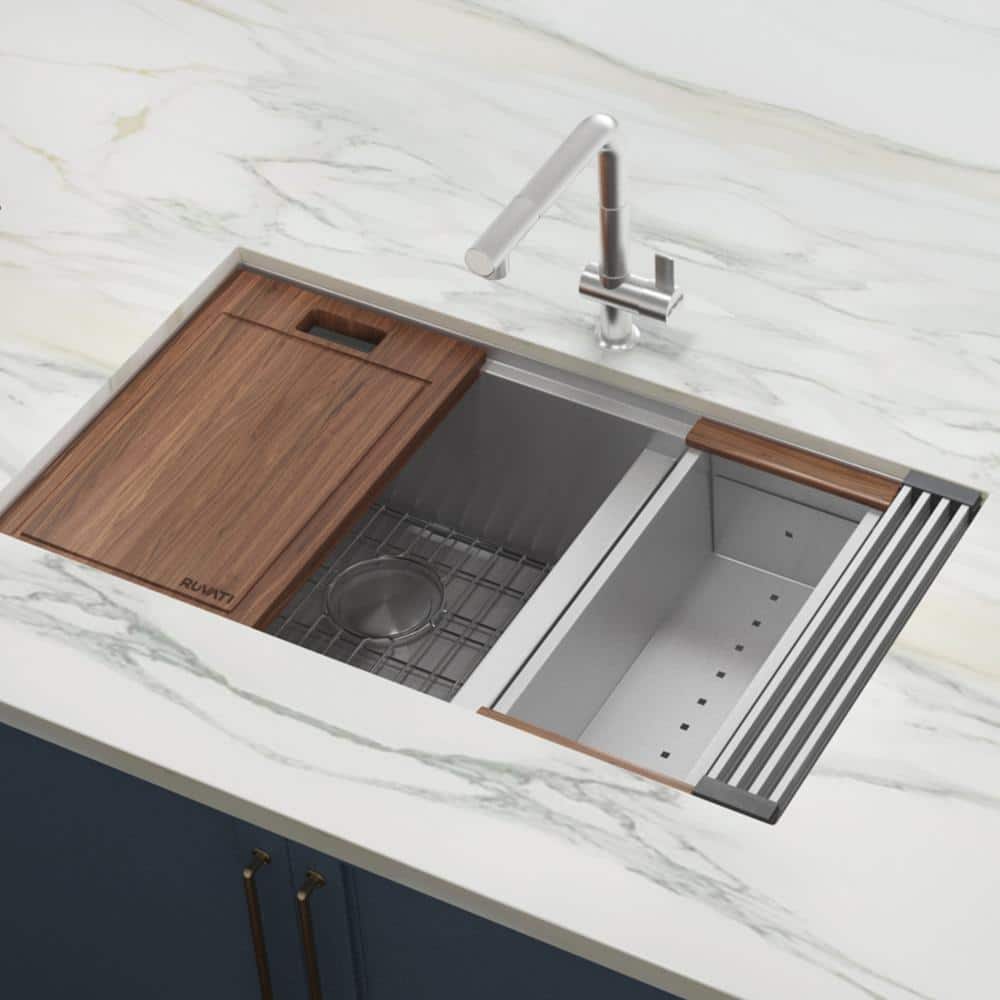 Roma 36-Inch Stainless Steel Double Bowl Workstation Sink with Hardwood Accessories