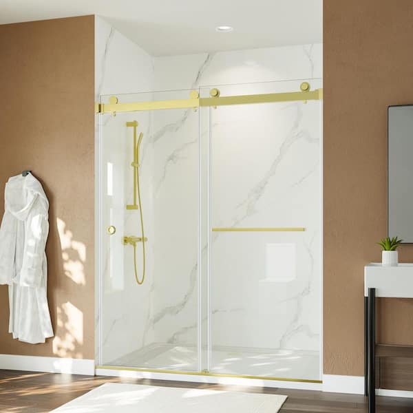 59 in. W x 72 in. H Double Sliding Frameless Shower Door in Gold Finish with Tempered Glass