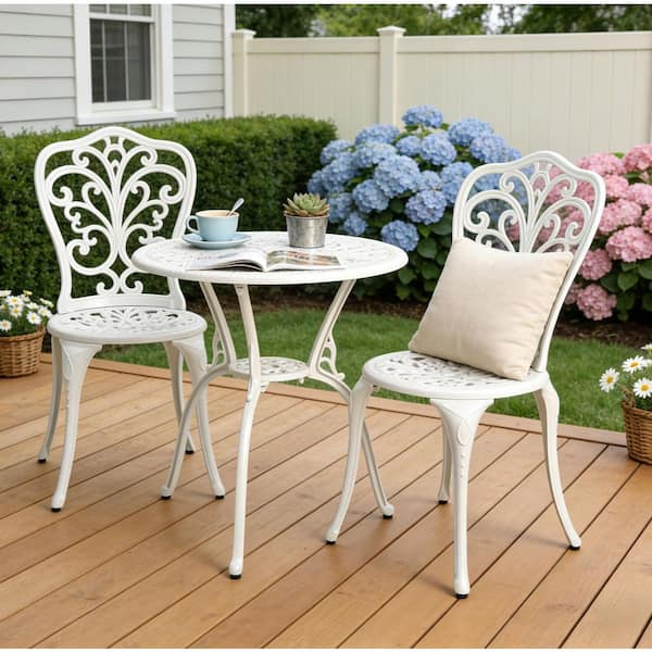 White 3-Piece Cast Aluminum Outdoor Bistro Set, Rust-Resistant Patio Furniture for Garden, Deck, Patio
