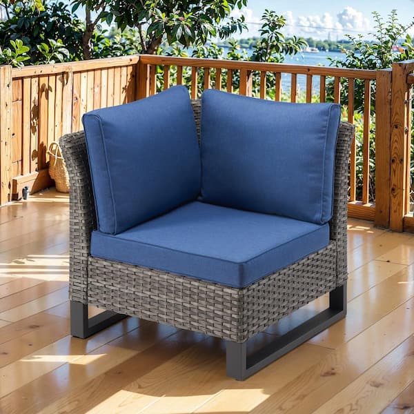U-Weave Brown Wicker Corner 1-Seat Outdoor Sectional Chair with Navy Blue Cushion