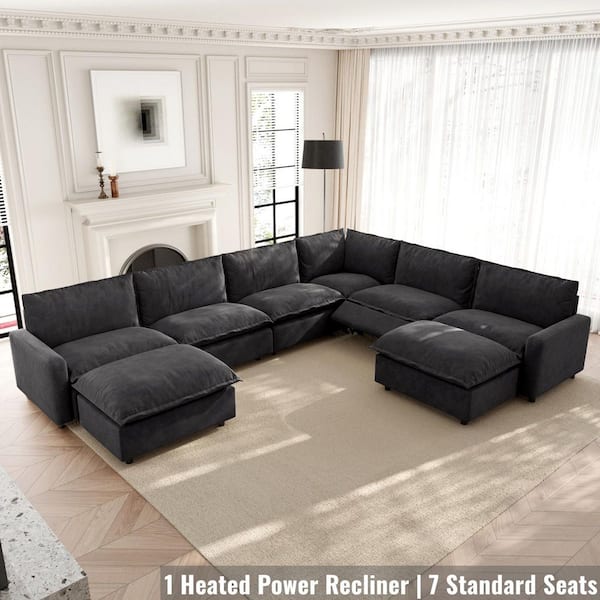 Power Recliner 140 in. Square Arm Gray Linen 8-Piece U-Shaped Modular Sectional Sofa w/ Ottomans, Heating