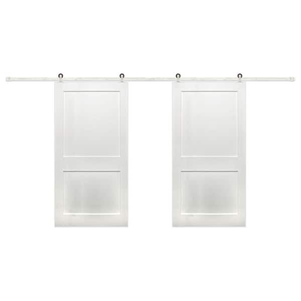 84 in. x 84 in. Bi-Part 2-Panel Shaker Prime Wood Sliding Barn Door with Satin Nickel Top Hanger Hardware Kit